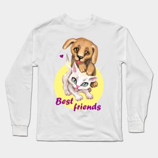 Cute small cat and dog. Sweet little baby pets. Kitten and puppy friends. Long Sleeve T-Shirt